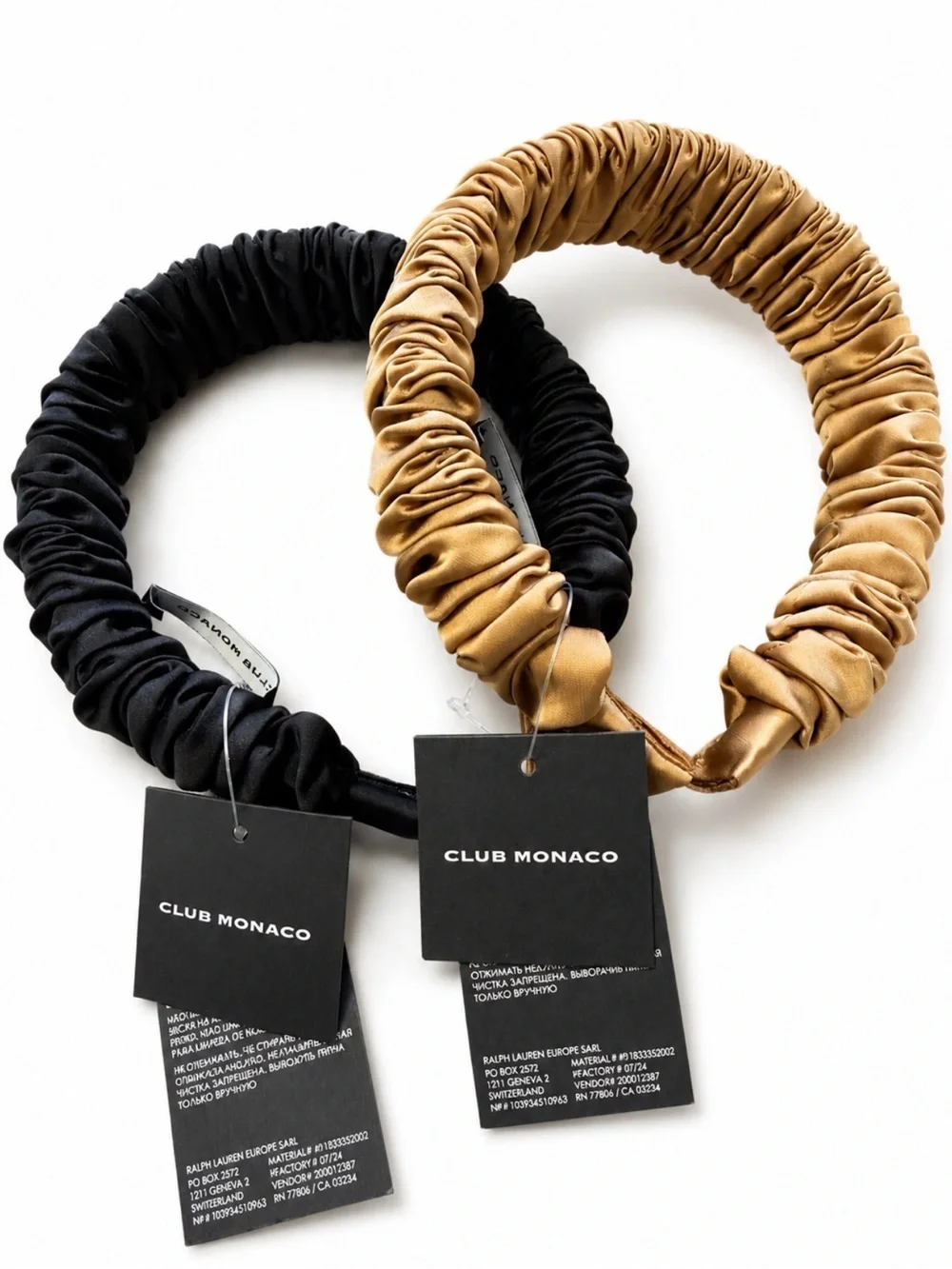 Club Monaco Satin Ruched Headbands in Black and Camel